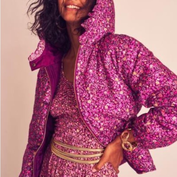 LoveShackFancy Modena Puffer Quilted Floral Print Jacket in Cherry Wine - Picture 3 of 10